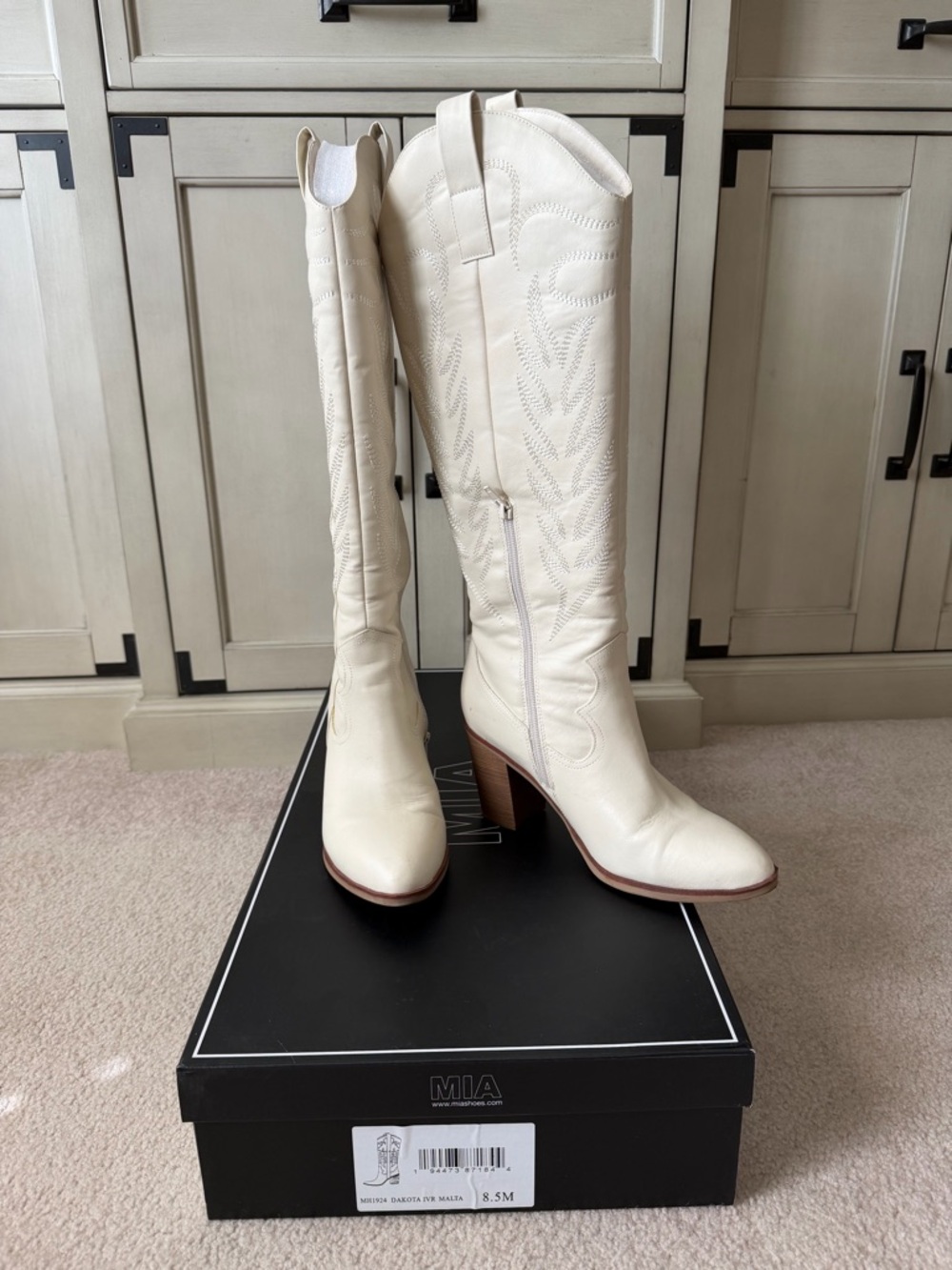 MIA Cream Over-the-Knee Western Boots with Stacked Heel